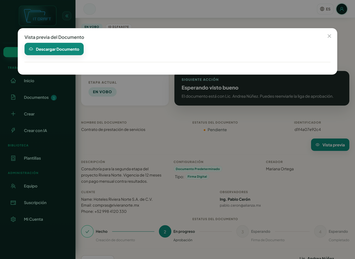 Detalle de un documento con su historial y etapa actual