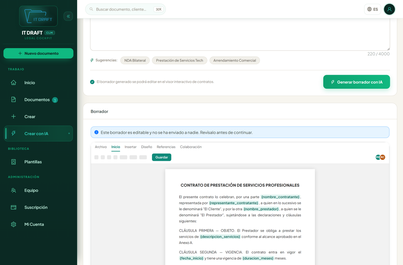 Pantalla de redacción asistida por IA