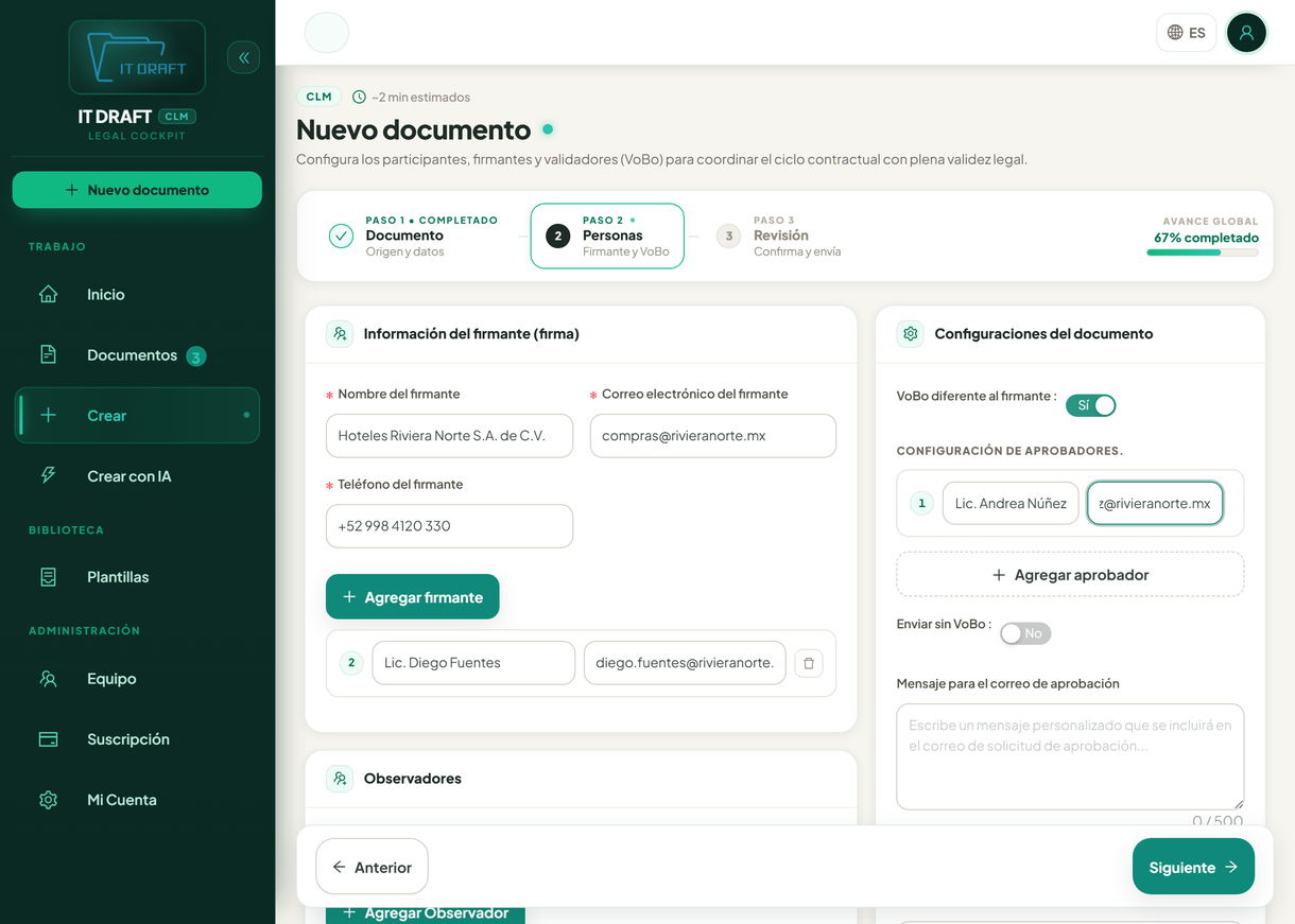 Pantalla para definir firmantes y responsables de Vo.Bo.