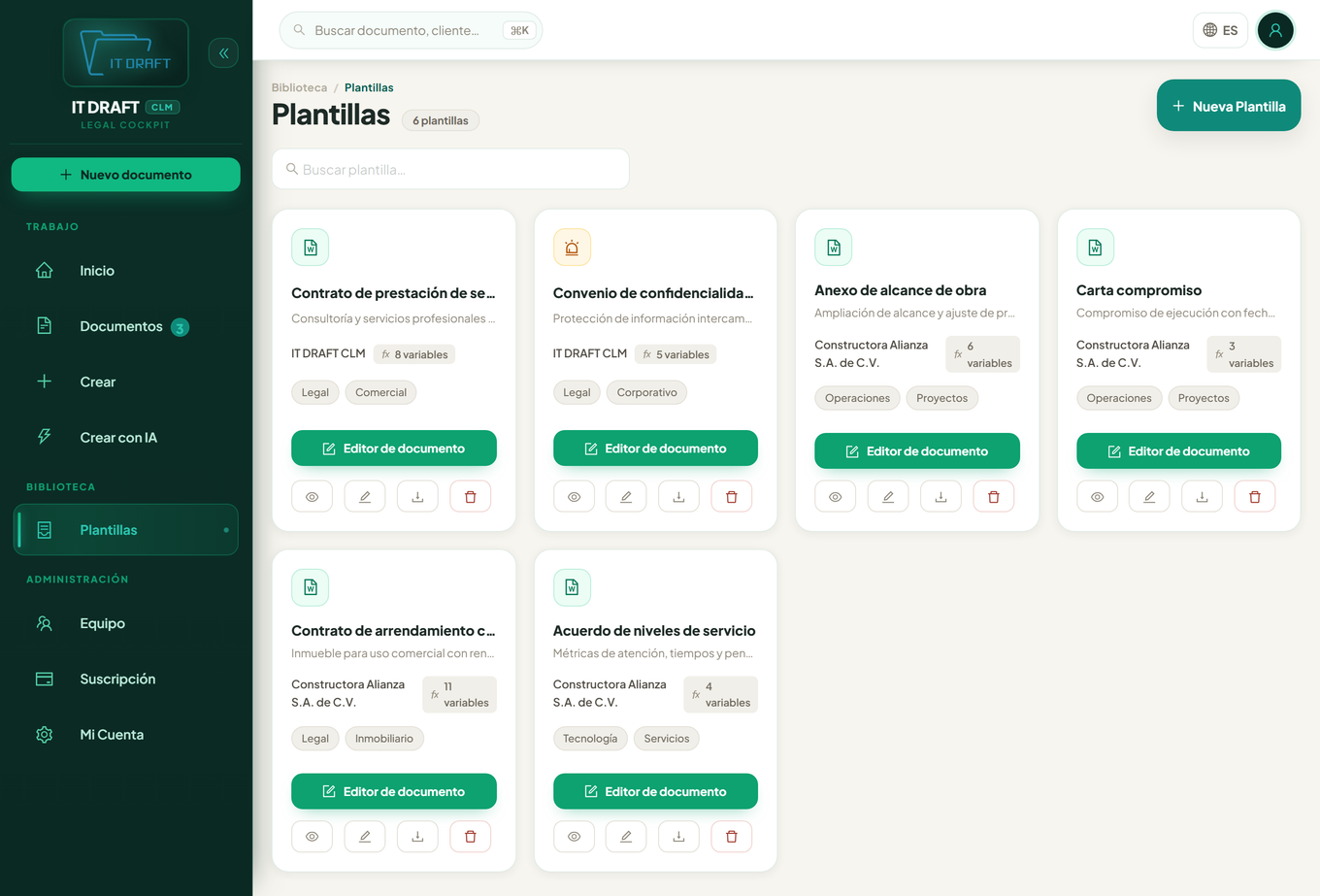 Editor de plantilla con variables marcadas sobre un documento